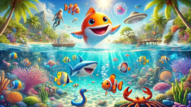 Adegan penuh warna dari permainan tembak ikan bawah laut